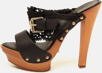 Le Silla Black Leather And Lace Wooden Platform Slide Sandals