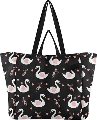 Generic Swans Black pattern Reusable Canvas Tote Bag, Heavy Duty Grocery Shopping Bag with Double Handles Large Capacity Hard Bottom Work Groceries Travel