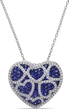 Amour 4 CT TGW Created Blue and Created White Sapphire Heart Cluster Necklace In Sterling Silver