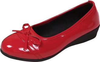 Generic Red Ladies Everyday Flats with Round Toe Featuring A Bow Embellishment Patent Leather Construction for Comfort and Slight Height Boost Perfect for Win