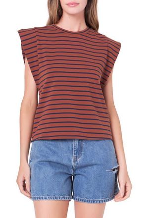 English Factory Stripe Extended Shoulder T-Shirt in Brown/Navy at Nordstrom, Size X-Small