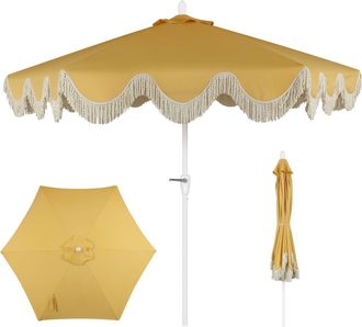 Jonathan Y Designs Collins 9 ft. Classic Cottage Fringe Tassel Market Patio Umbrella with Auto-Tilt Crank, Wind Vent and UV Protection in Black and White Stripe/Cream, W