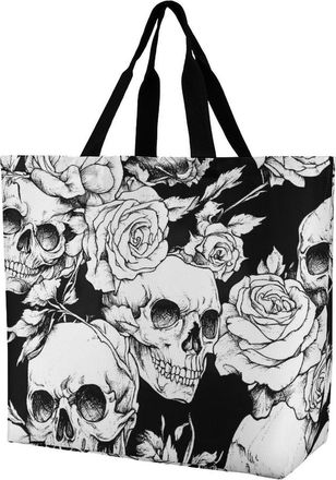 Generic Black And White Roses Skulls Reusable Shopping Bags One Shoulder Grocery Tote Bag Waterproof Big Purse for Work Travel