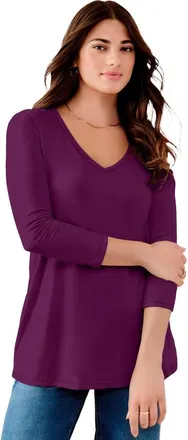Roaman's Plus Size Ultimate Long Sleeve V Neck Tee in Dark Berry at Nordstrom, Size 20
