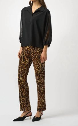 Joseph Ribkoff Mesh Collared 3/4 Puff Sleeves Top In Black