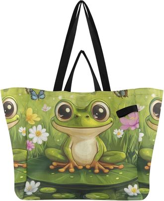 Generic Frog Flowers Pink print Reusable Canvas Tote Bag, Heavy Duty Grocery Shopping Bag with Double Handles Large Capacity Hard Bottom Work Groceries Travel