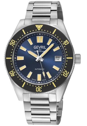 Gevril Group Mens Mariner Row Automatic, SS Case, Black Bezel, Blue Dial, 316L Stainless Steel Satin Bracelet Watch - Silver - One Size