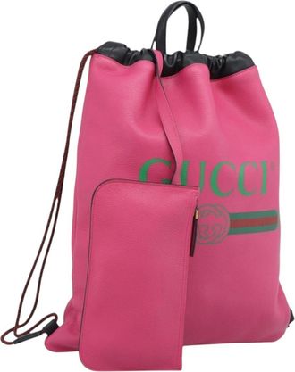 Gucci Logo Drawstring Printed Leather Pink Leather Backpack Bag (Pre-Owned)