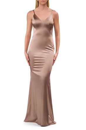 La Femme Chic Long Stretch Satin Gown with V Neck and Back in Nude at Nordstrom, Size 10