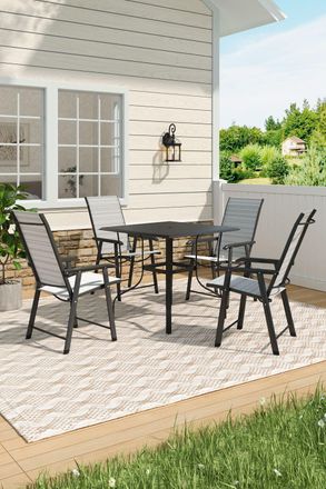 Living and Home Garden Metal Slatted Coffee Table with 4 Foldable Chairs in Black | Size: Large