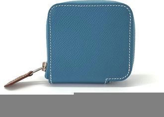 Herm&egrave;s Silkin Blue Leather Silk Coin Purse/Coin Case (Pre-Owned)