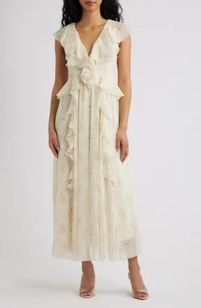 Lulus Bea Cascade Ruffle Midi Dress in Ivory Multi at Nordstrom, Size X-Large