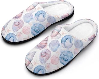 Generic Watercolor Seashell Pattern Cotton Slipper for Women Indoor Outdoor House Shoes Anti-Skid Slippers with Rubber Sole