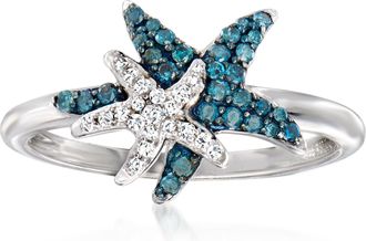 Ross-Simons Blue and White Diamond Starfish Ring in Sterling Silver