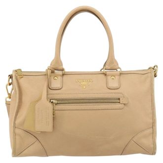 Prada Front Zip Convertible Satchel Cervo Leather Beige Leather Handbag (Pre-Owned)