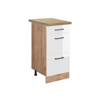 Vicco Mueble Bajo De Cocina R-line, Blanco Alto Brillo, 40 Cm Con Cajones, Et Roble