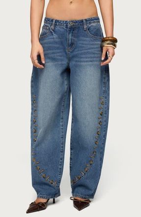 Edikted Button Stitch Barrel Leg Jeans in Blue-Washed at Nordstrom, Size X-Small