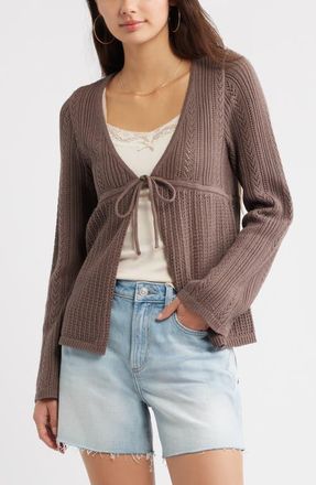 BP. Openstitch Tie Front Cotton Blend Cardigan in Brown Quartz at Nordstrom, Size Xx-Small