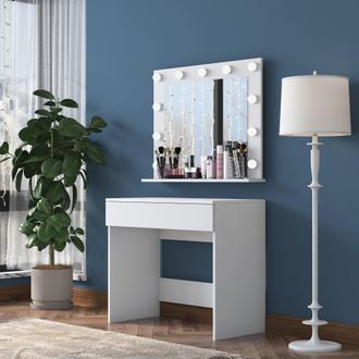 Dmora Toeletta Veggiano, Mueble De Tocador Con Espejo, Un Caj&oacute;n, Luces Incluidas, 90x45x77h Cm Blanco