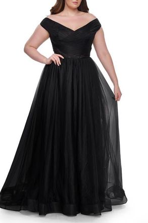 La Femme A-Line Tulle Off the Shoulder Plus Size Dress with Slit in Black at Nordstrom, Size 18W