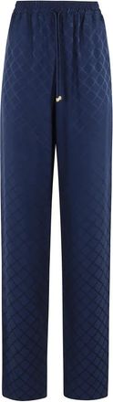 Elisabetta Franchi Blauwe satijnen jacquard broek met rechte pijpen - Dames - Straight fit broeken - Blauw - XL - Satijn - Broeken