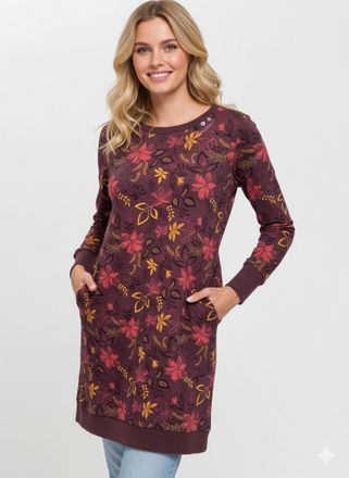 Ragwear Sweatkleid RAGWEAR MENITA FLOWERS O, Damen, Gr. XS (34), N-Gr, rot (wine rot), Sweatware, Obermaterial: 50% Baumwolle, 50% Polyester, gebl&uuml;mt, gemuste