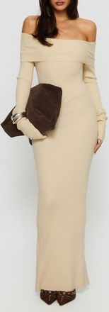 Princess Polly Phylis Off the Shoulder Long Sleeve Rib Maxi Dress in Cream at Nordstrom, Size 12
