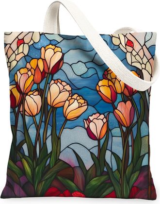 Generic Stained Glass Tulip Flower Canvas Tote Bag for Shopping 13x15, Cool Floral Garden Reusable Grocery Print Pattern Bag for Women Men, Fun Wildflower Aes