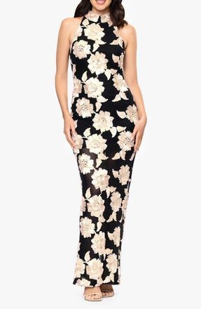 Betsy & Adam Floral Soutache Sheath Gown in Black/Champagne at Nordstrom, Size 12