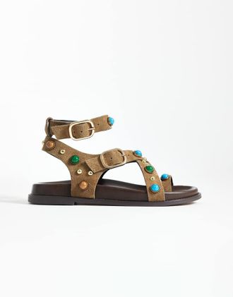 Steve Madden Linear - Sandali con plantare in camoscio color tortora con borchie e cinturino con fibbia-Neutro