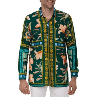 Ranee&rsquo;s Extra Trim Fit Print Linen & Cotton Button-Up Resort Shirt in Green at Nordstrom Rack, Size Xx-Large