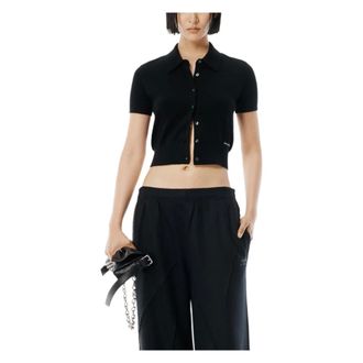 Alexander Wang Truien & Vesten, Dames, Zwart, S, Wol, SS Polo Cardigan Met Gebreide Logo Patch