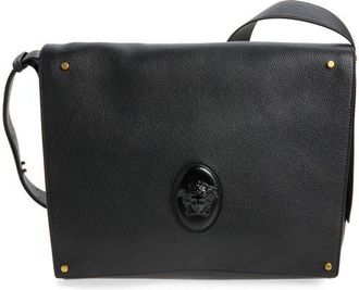 Versace Leather Messenger Bag in Black Gold 82 at Nordstrom