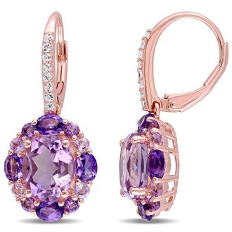 Amour 5 1/2 CT TGW Amethyst, White Topaz and Rose De France Floral Leverback Earrings In Rose Plated Sterling Silver