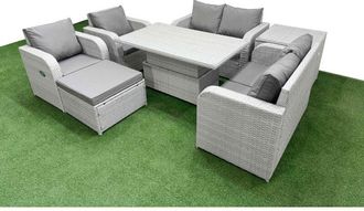 Fimous 7 Seater Outdoor Reclining Chair Love Sofa Set Rattan Garden Furniture Set with Adjustable Lifting Dining or Coffee Table Footstool Side Table Light