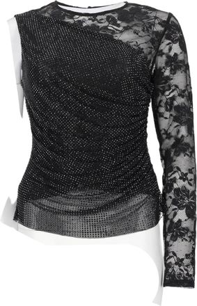 Self Portrait Asymmetrical Black Top with Sheer Floral Lace Detail