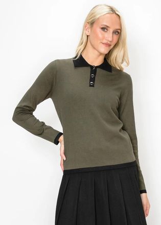 YAL New York Olive Polo Sweater with Black Contrast Trim