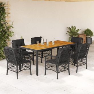 vidaXL Set De Comedor De Jard&iacute;n 7 Pzas Y Cojines Rat&aacute;n Sint&eacute;tico Negro Vidaxl