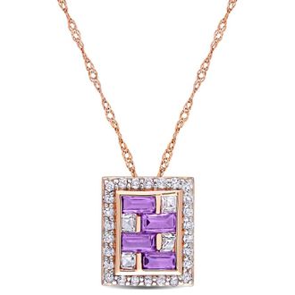 Amour 1 CT TGW Baguette African-amethyst and White Topaz Geometric Pendant with Chain In 10K Rose Gold