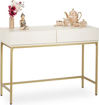 Relaxdays Relaxdays - Consola Recibidor, 2 Cajones, Sideboard, Mesita Pasillo, Sal&oacute;n, Madera Y Metal, 80x110x40 Cm, Blanco Y Dorado