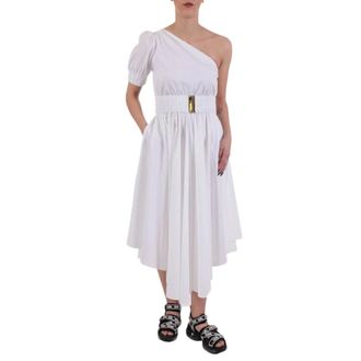 Michael Kors Kleedjes, Dames, Wit, M, Katoen, Stretch Katoen Poplin One-Shoulder Jurk