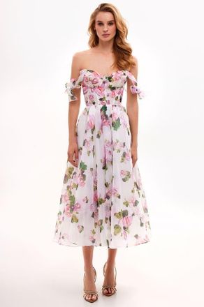 Milla A-Line Satin Floral Midi Dress with Tie Straps for Cocktail Events in Apple Blossom at Nordstrom, Size 10