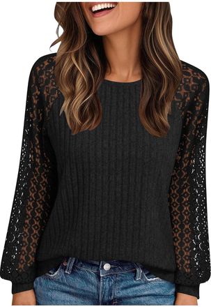 Generic Womens Long Sleeve Shirts Ribbed Knitted Plain Jumpers Loose Blouses Business Casual Jumpers Tops Ladies Lace Crewneck Lightweight Work Shirt Trendy F