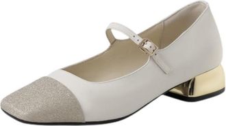 TinaCus Womens Genuine Leather Handmade Cap-Toe Two-Tone Mary Jane Pumps Shoes, Beige, 7.5 UK