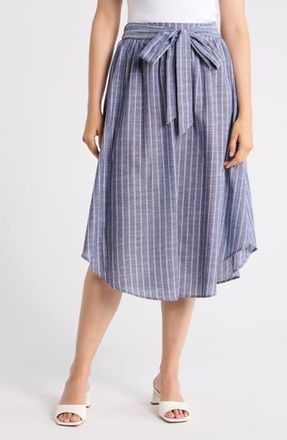Renee C Stripe Curve Hem Linen Blend Midi Skirt in Denim at Nordstrom Rack, Size X-Small