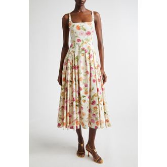 Carolina Herrera Poppy Print Pleated Drop Wait Stretch Poplin Fit & Flare Dress in Almond Multi at Nordstrom, Size 14