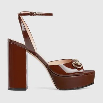 Gucci Womens Horsebit Platform Sandal, Brown, Leather