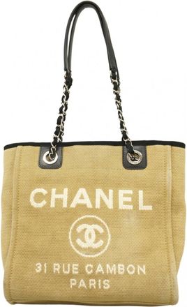 Chanel Beige Black White Canvas Tote Bag (Pre-Owned)