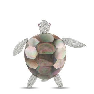 Luxury Bazaar 18K White Gold 0.40ct Diamond and Mother of Pearl Turtle Brooch MF25-100826