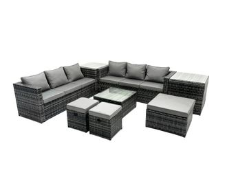Fimous 9 Seater Patio Lounge Sofa Set with 2 Side Table 3 Footstools in Dark Grey